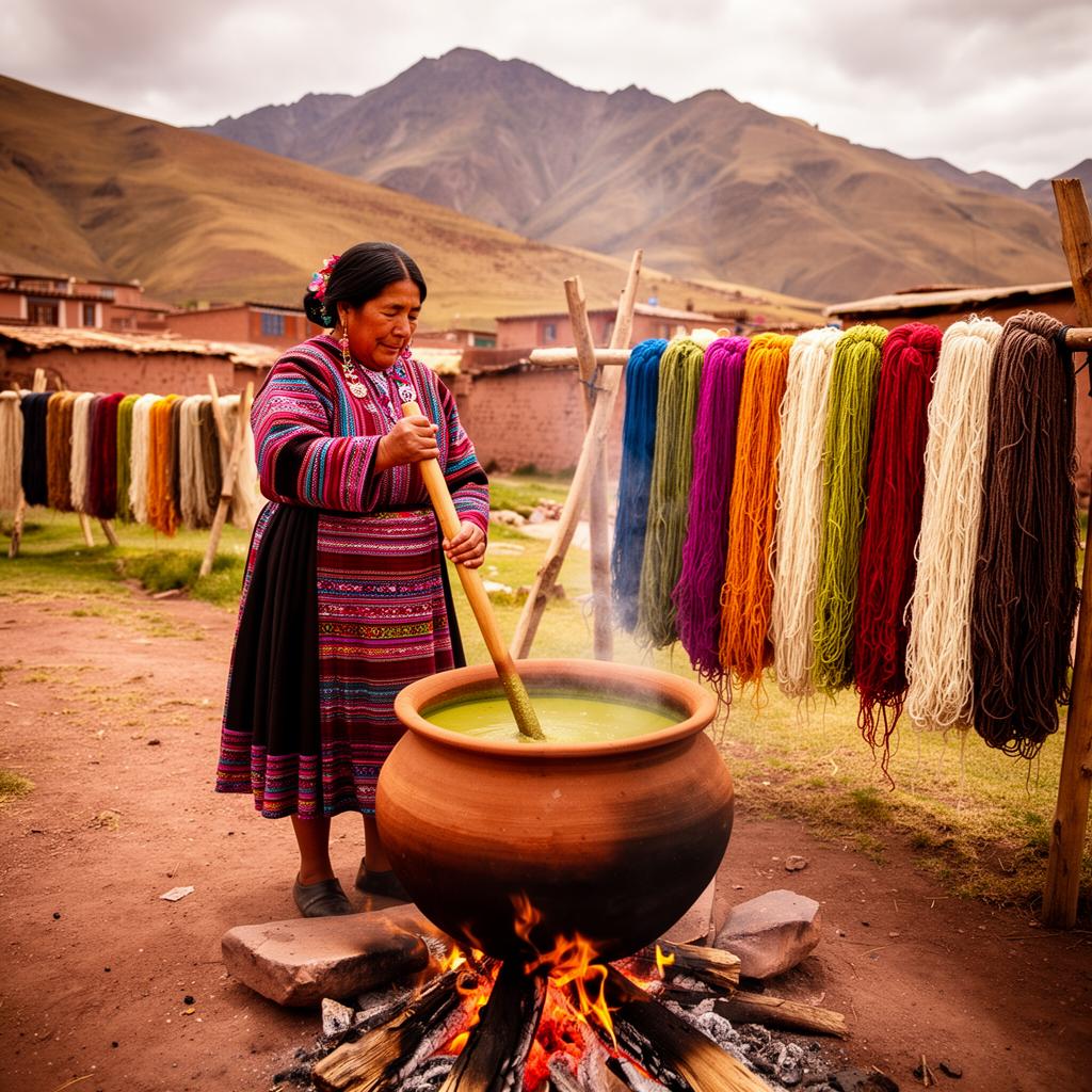 Artisan dyeing alpaca yarn with natural plant-based dyes over an open fire