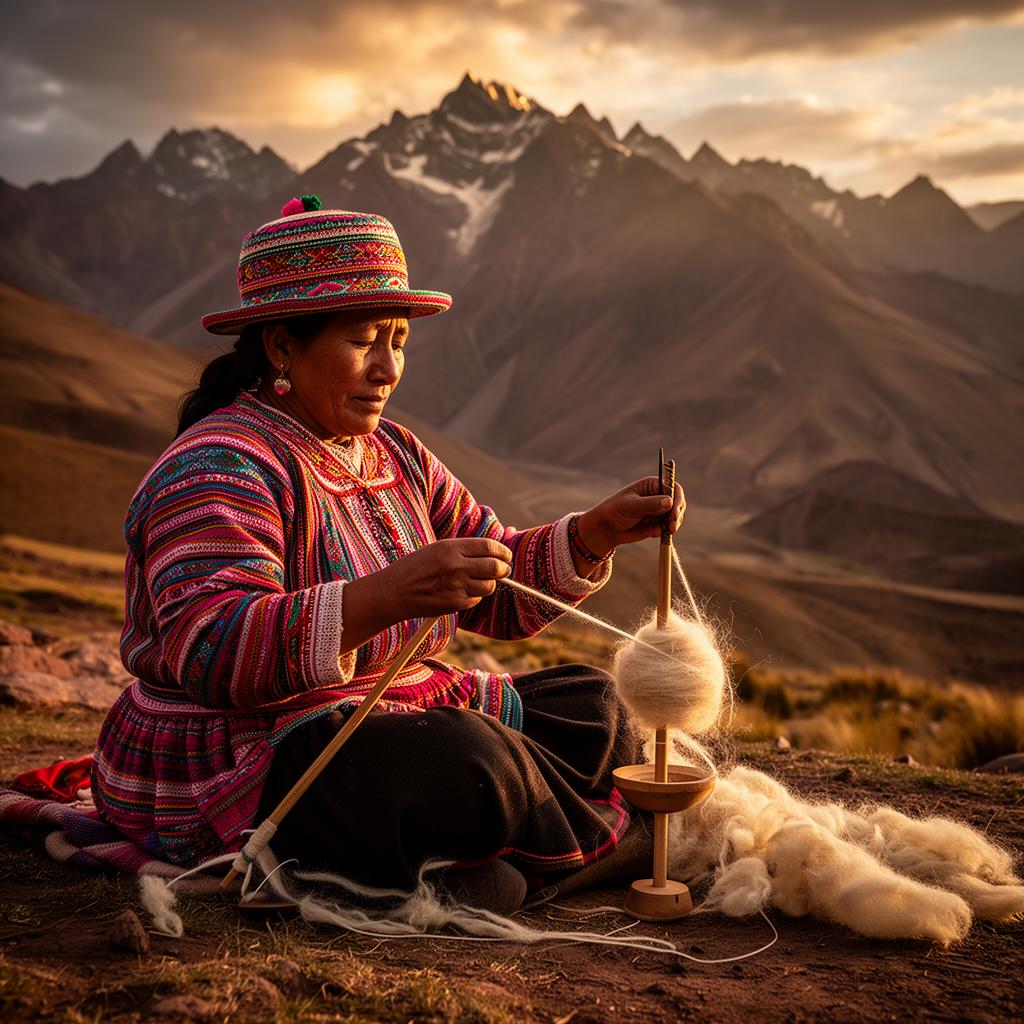 Andean woman spinning alpaca wool with a traditional pushka drop spindle