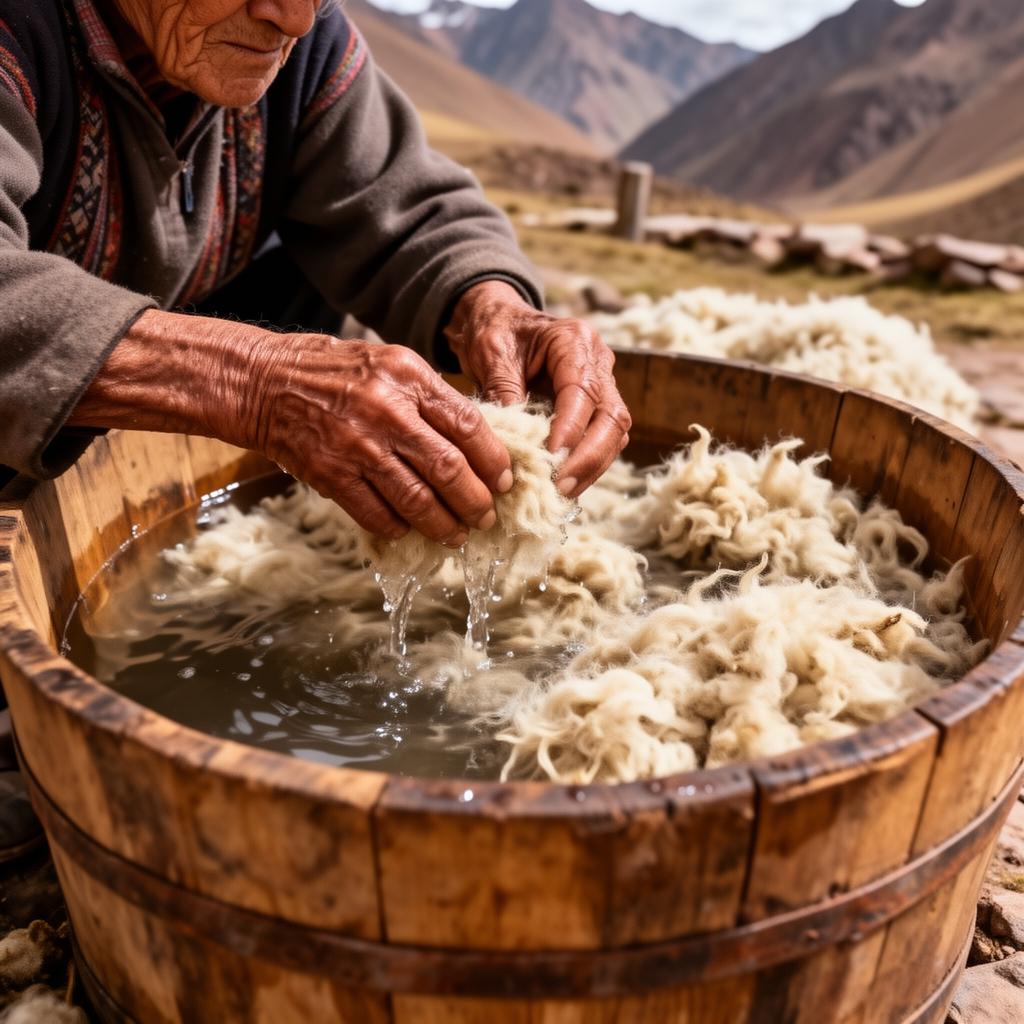 Artisan washing raw alpaca fleece in mountain water
