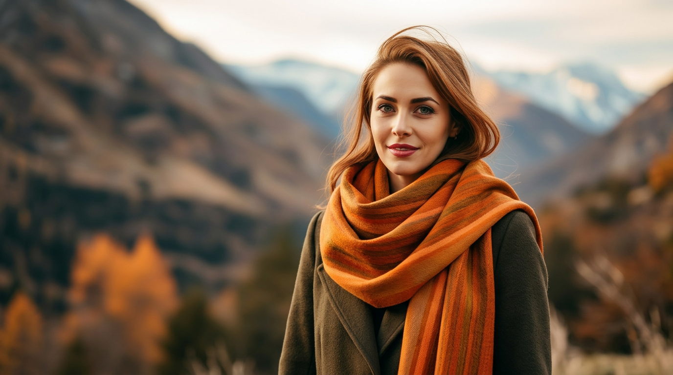 Woman wearing colorful alpaca scarf outdoors with mountains