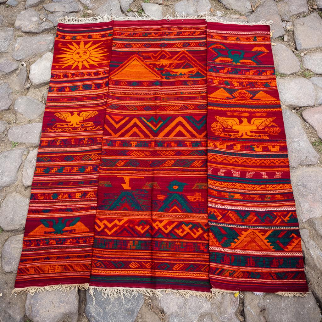 Traditional Andean textile patterns with suns, condors, and geometric symbols